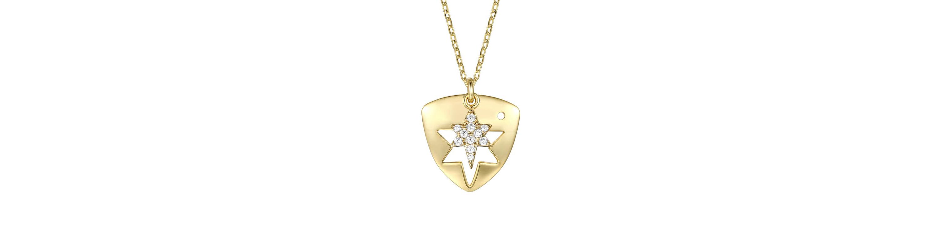 Lab Created 14K Gold Plated with Clear Cubic Zirconia Laser-Cut 6-Pointed Star Triangle Shield Pendant Necklace