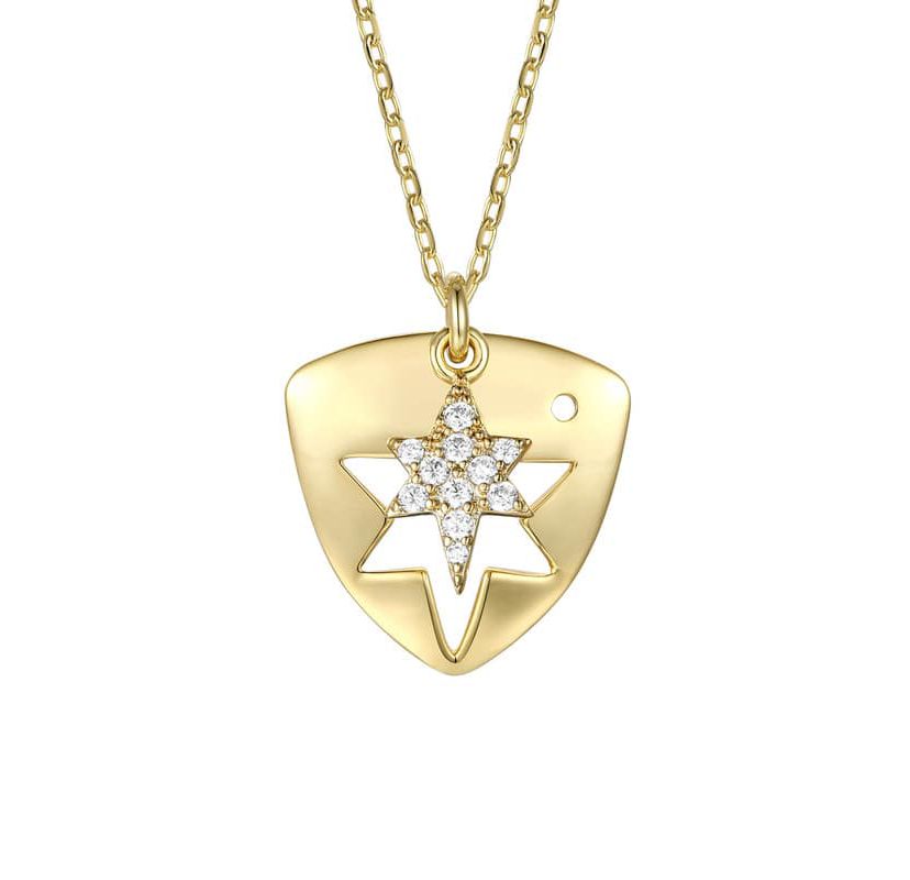 Lab Created 14K Gold Plated with Clear Cubic Zirconia Laser-Cut 6-Pointed Star Triangle Shield Pendant Necklace
