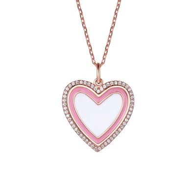 Rozzato Lab Created 18K Rose Gold Plated with Clear Cubic Zirconia & Pink Enamel Halo Heart Pendant Necklace for Kids