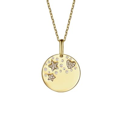 Rozzato Lab Created 14K Gold Plated with Clear Cubic Zirconia Heart & Lucky Star Galaxy Medallion Pendant Necklace for Kids