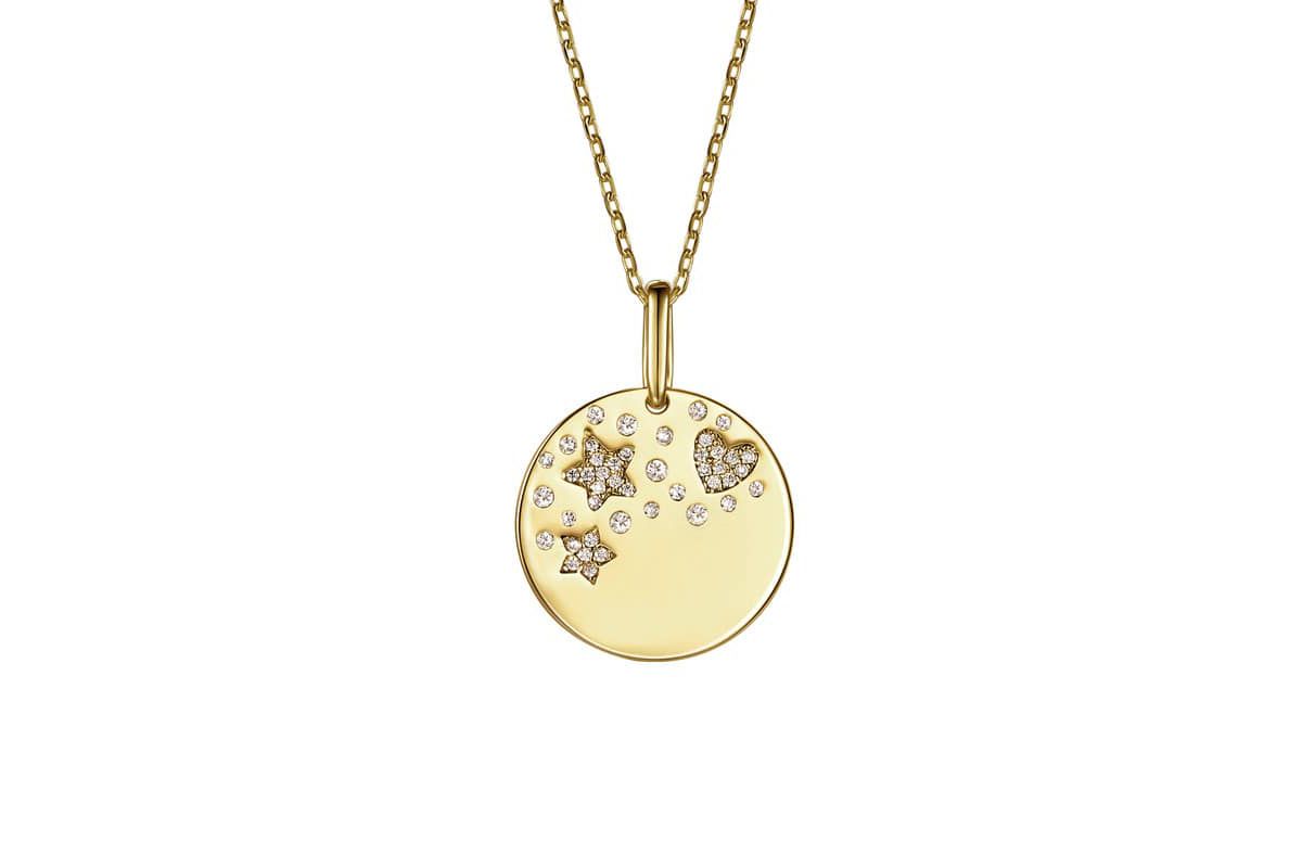 Lab Created 14K Gold Plated with Clear Cubic Zirconia Heart & Lucky Star Galaxy Medallion Pendant Necklace for Kids