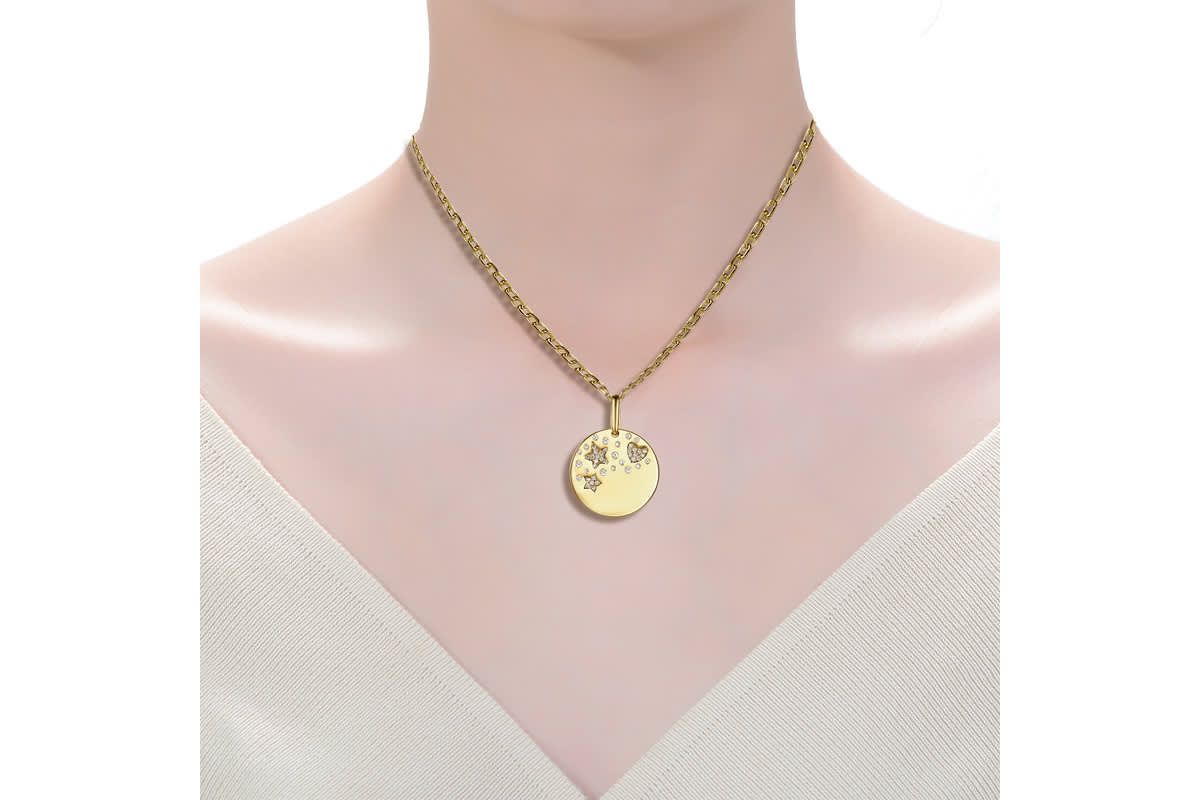 Lab Created 14K Gold Plated with Clear Cubic Zirconia Heart & Lucky Star Galaxy Medallion Pendant Necklace for Kids