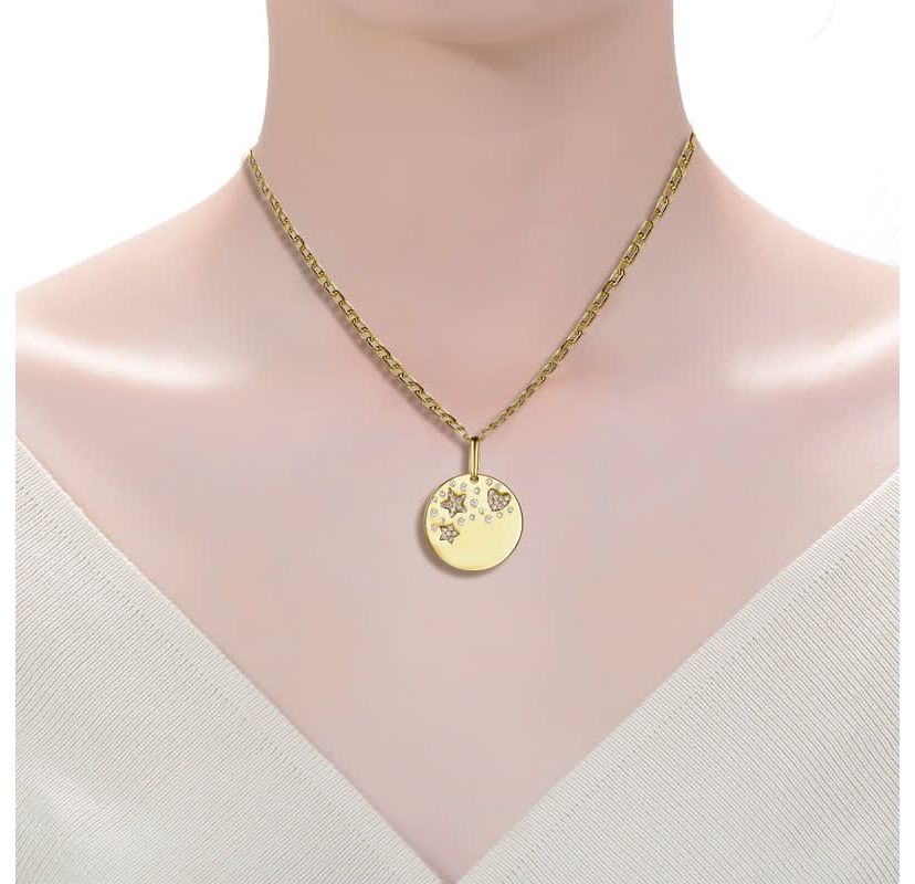 Lab Created 14K Gold Plated with Clear Cubic Zirconia Heart & Lucky Star Galaxy Medallion Pendant Necklace for Kids