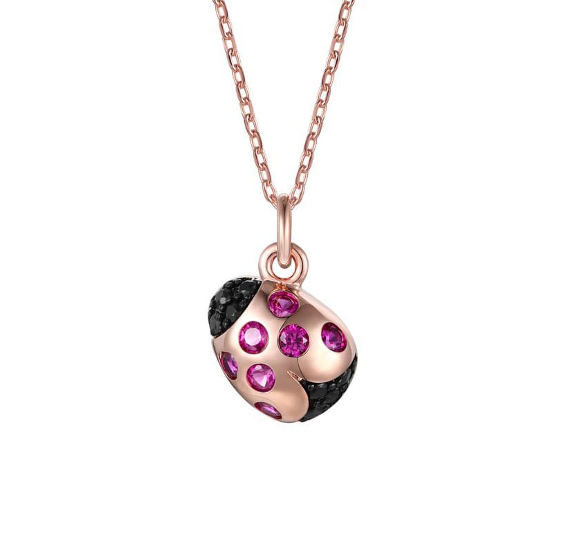 Lab Created 18K Rose Gold Plated with Ruby Red & Black Cubic Zirconia Ladybug Pendant Necklace for Kids