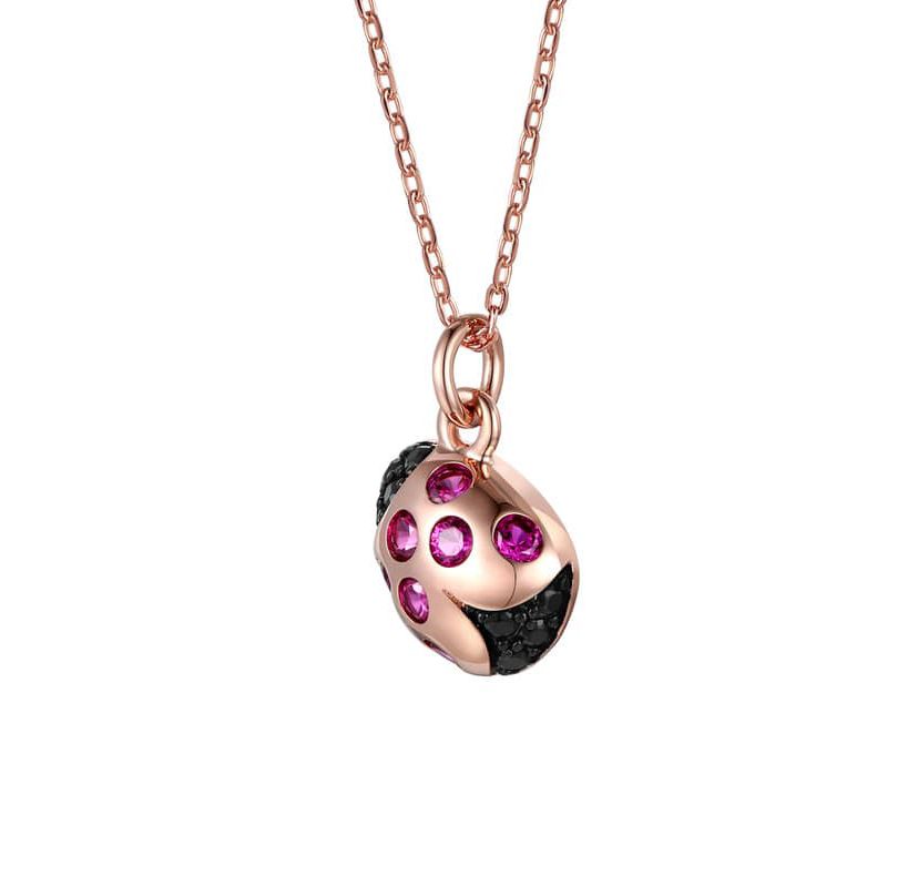 Lab Created 18K Rose Gold Plated with Ruby Red & Black Cubic Zirconia Ladybug Pendant Necklace for Kids