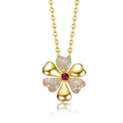 Rozzato Lab Created 14K Gold Plated with Ruby Red Cubic Zirconia Pave Flower Pendant Necklace