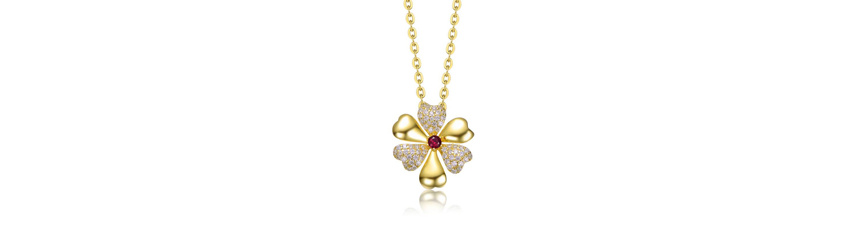 Lab Created 14K Gold Plated with Ruby Red Cubic Zirconia Pave Flower Pendant Necklace