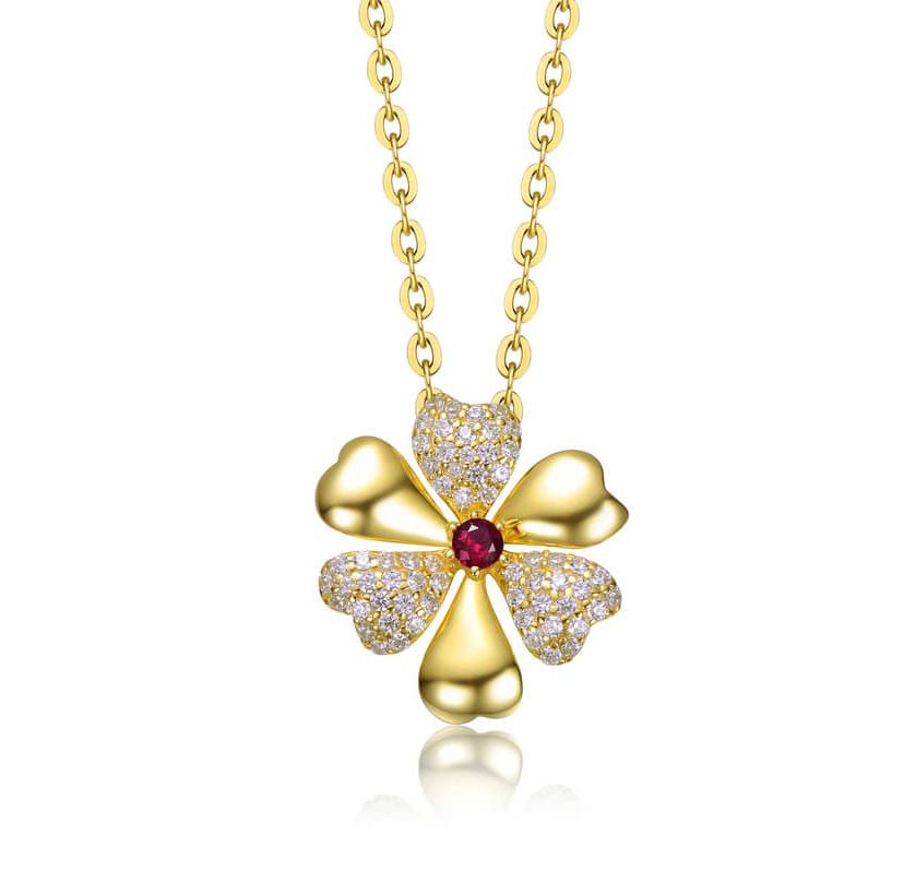 Lab Created 14K Gold Plated with Ruby Red Cubic Zirconia Pave Flower Pendant Necklace