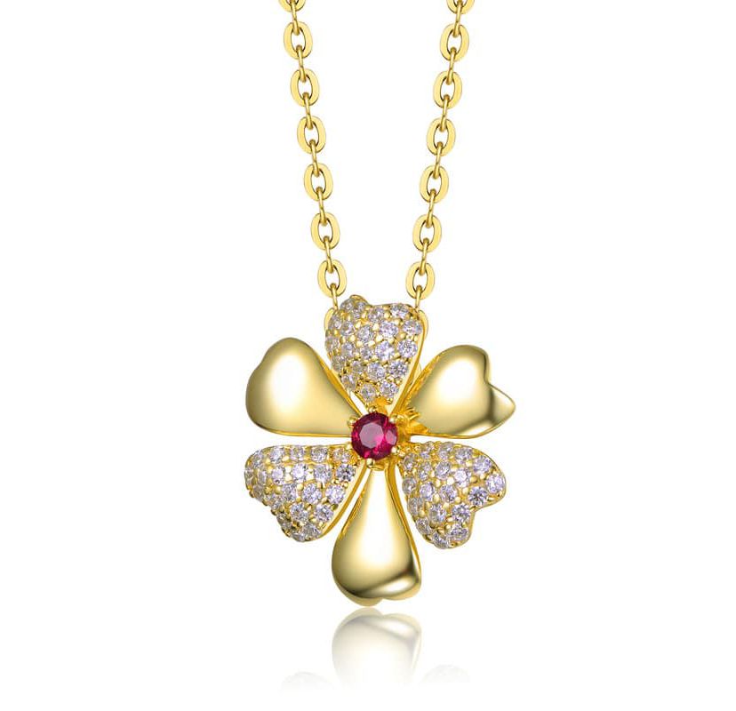 Lab Created 14K Gold Plated with Ruby Red Cubic Zirconia Pave Flower Pendant Necklace