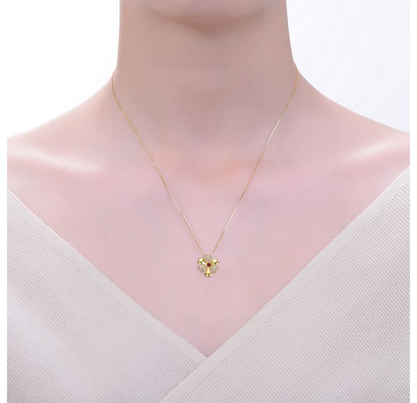 Lab Created 14K Gold Plated with Ruby Red Cubic Zirconia Pave Flower Pendant Necklace
