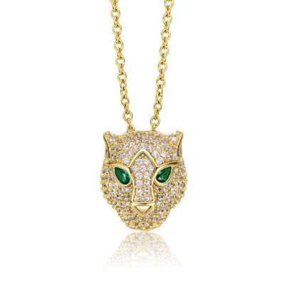 Lab Created Rozzato 14K Gold Plated with Emerald Green Cubic Zirconia 3D Panther Head Pendant Layering Necklace