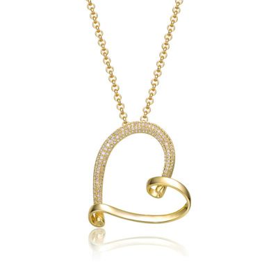 Rozzato Lab Created 14K Gold Plated with Clear Cubic Zirconia Open Ribbon Heart Asymmetrical Pendant Necklace