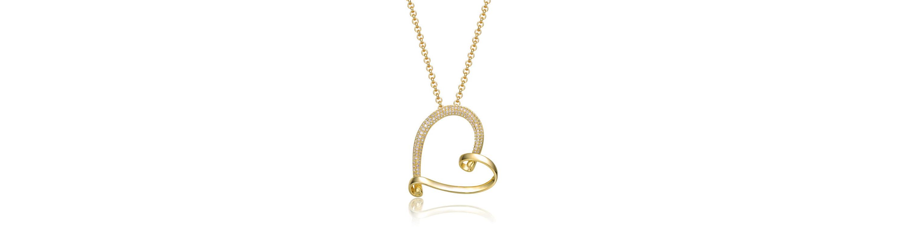 Lab Created 14K Gold Plated with Clear Cubic Zirconia Open Ribbon Heart Asymmetrical Pendant Necklace
