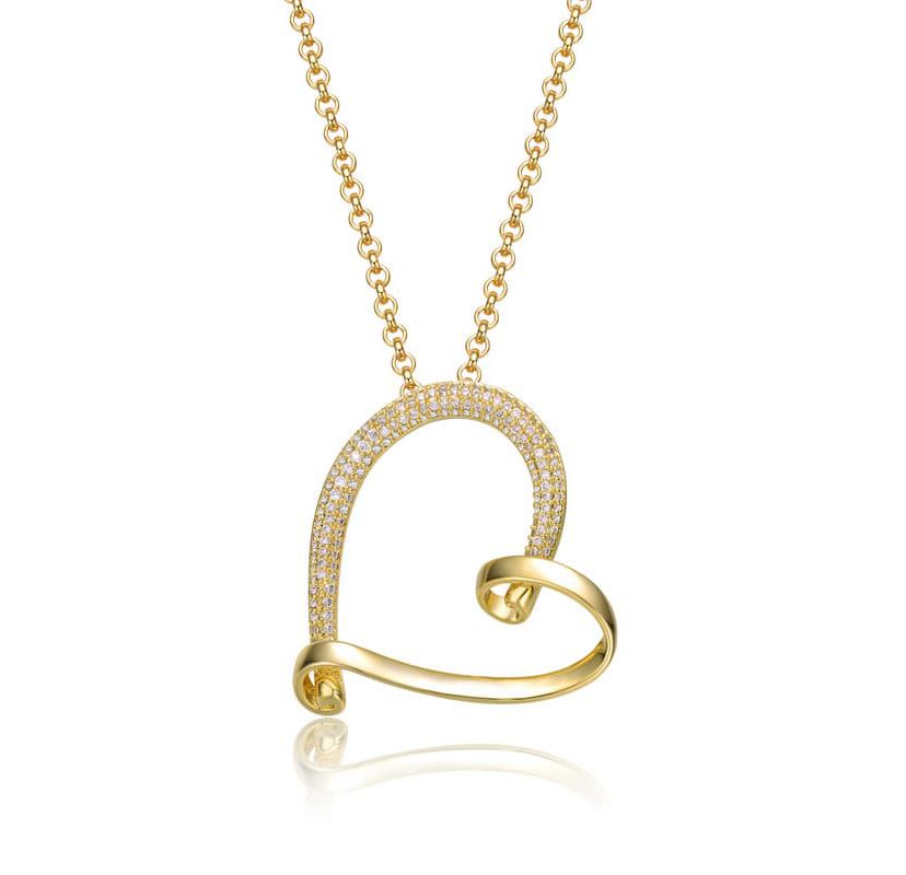 Lab Created 14K Gold Plated with Clear Cubic Zirconia Open Ribbon Heart Asymmetrical Pendant Necklace
