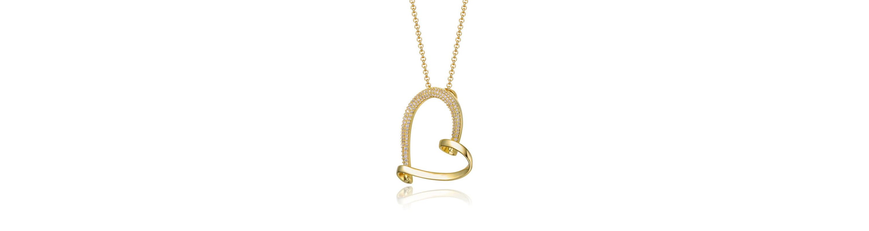 Lab Created 14K Gold Plated with Clear Cubic Zirconia Open Ribbon Heart Asymmetrical Pendant Necklace