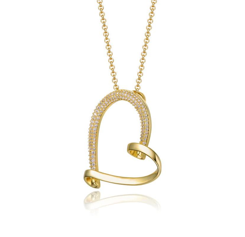 Lab Created 14K Gold Plated with Clear Cubic Zirconia Open Ribbon Heart Asymmetrical Pendant Necklace