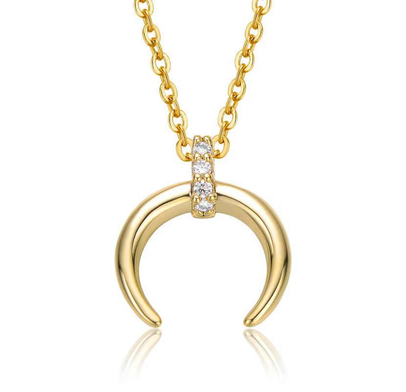Lab Created 14K Gold Plated with Clear Cubic Zirconia Crescent Horn Pendant Necklace for Kids