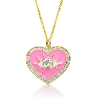 Rozzato Lab Created 14K Gold Plated with Clear Cubic Zirconia Pink Enamel Evil Eye Heart Pendant Necklace for Kids