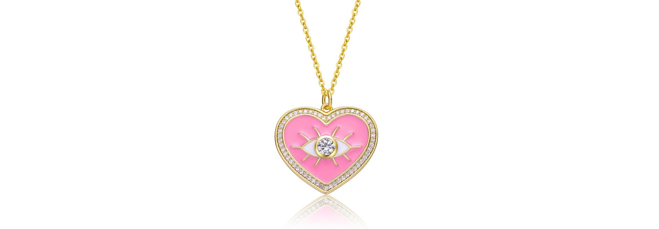 Lab Created 14K Gold Plated with Clear Cubic Zirconia Pink Enamel Evil Eye Heart Pendant Necklace for Kids