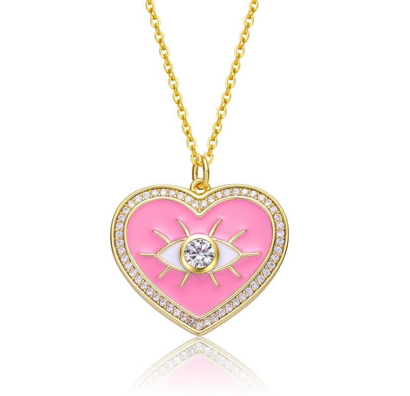Lab Created 14K Gold Plated with Clear Cubic Zirconia Pink Enamel Evil Eye Heart Pendant Necklace for Kids
