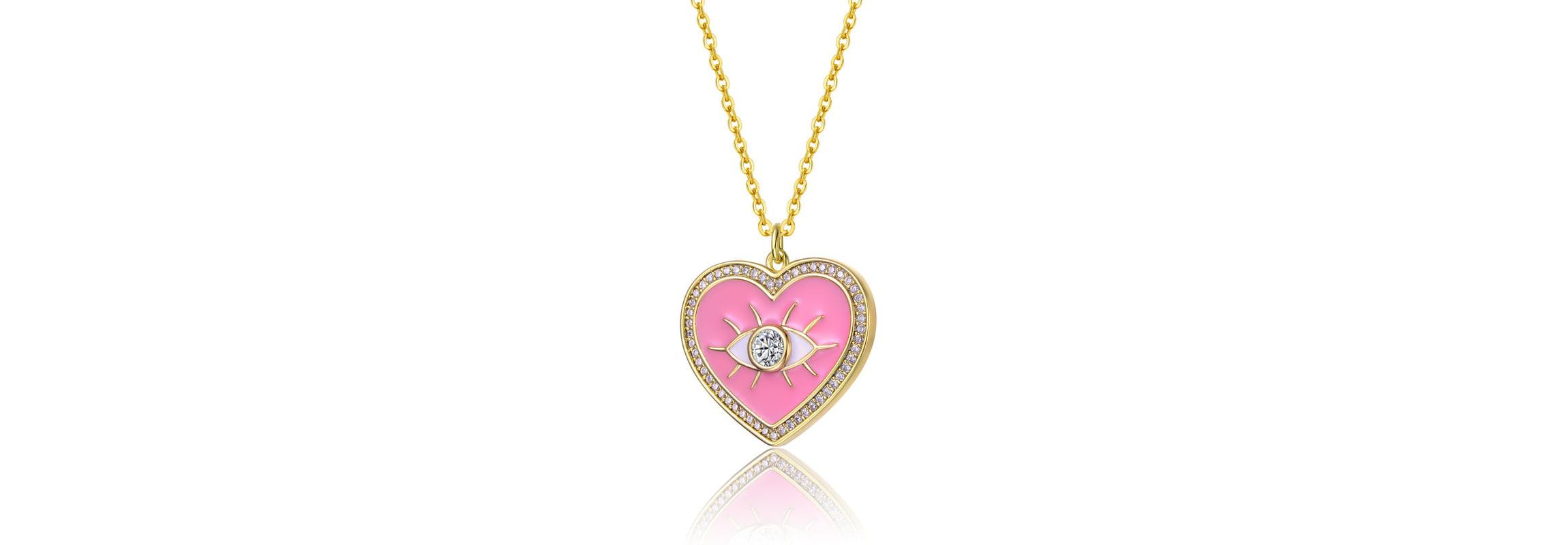 Lab Created 14K Gold Plated with Clear Cubic Zirconia Pink Enamel Evil Eye Heart Pendant Necklace for Kids