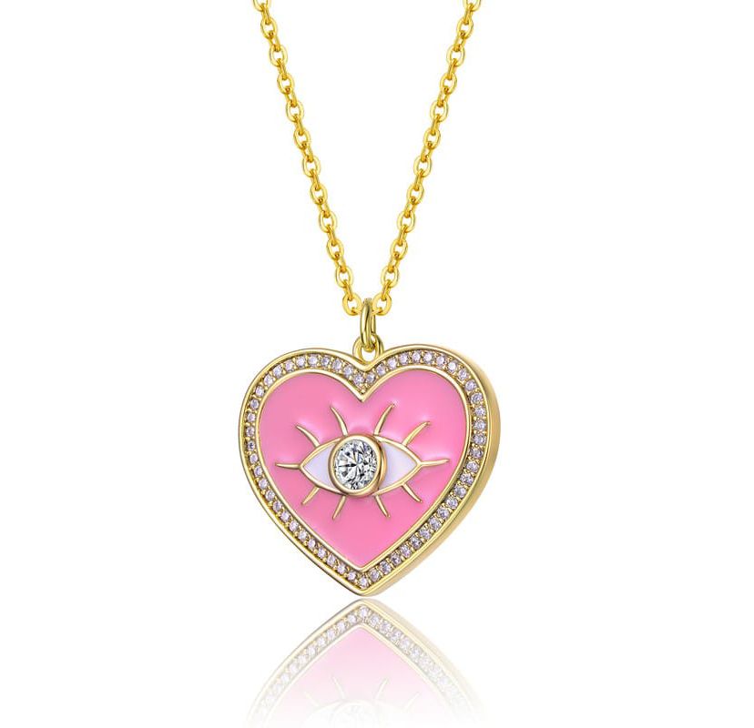 Lab Created 14K Gold Plated with Clear Cubic Zirconia Pink Enamel Evil Eye Heart Pendant Necklace for Kids