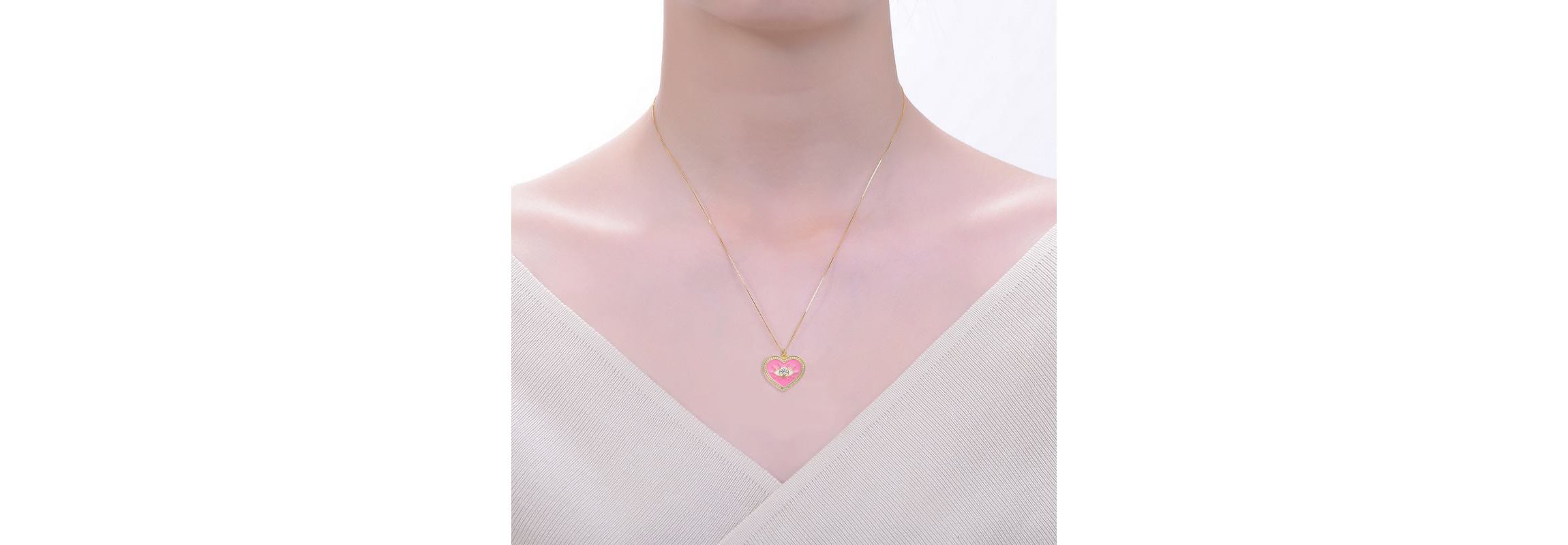 Lab Created 14K Gold Plated with Clear Cubic Zirconia Pink Enamel Evil Eye Heart Pendant Necklace for Kids