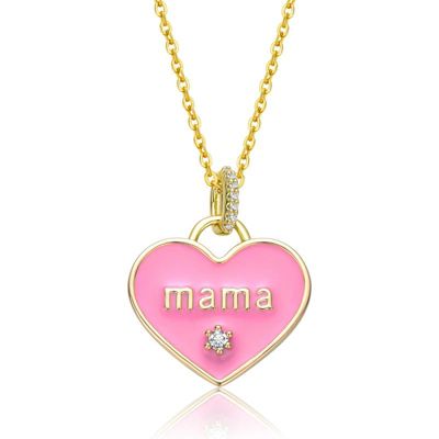Rozzato Lab Created 14K Gold Plated with Clear Cubic Zirconia MAMA Pink Enamel Heart Pendant Layering Necklace for Kids