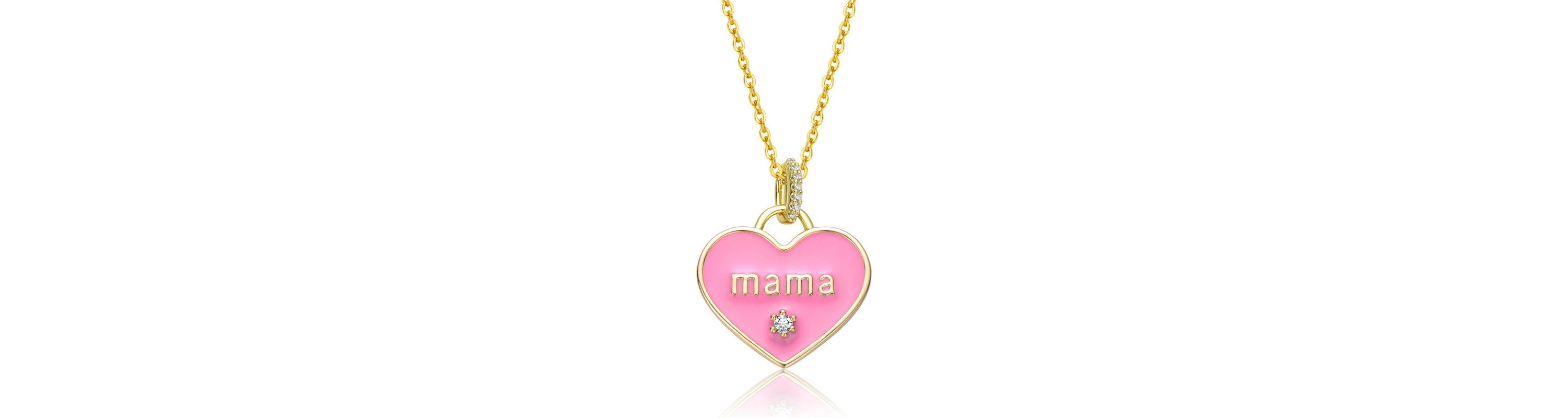Lab Created 14K Gold Plated with Clear Cubic Zirconia MAMA Pink Enamel Heart Pendant Layering Necklace for Kids
