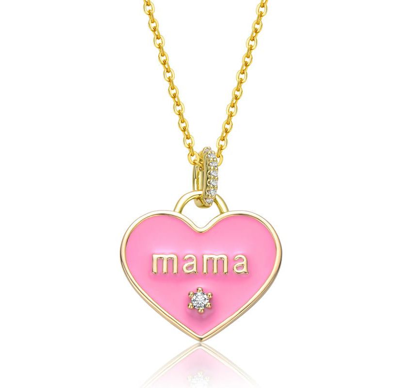 Lab Created 14K Gold Plated with Clear Cubic Zirconia MAMA Pink Enamel Heart Pendant Layering Necklace for Kids
