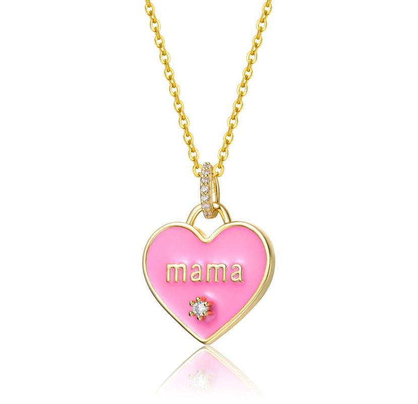 Lab Created 14K Gold Plated with Clear Cubic Zirconia MAMA Pink Enamel Heart Pendant Layering Necklace for Kids