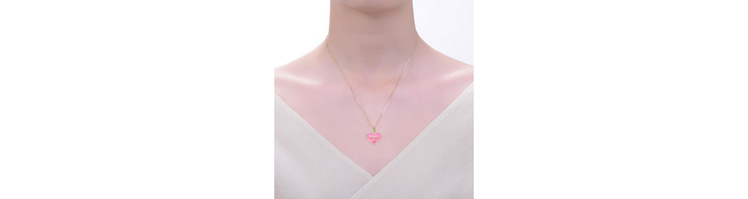 Lab Created 14K Gold Plated with Clear Cubic Zirconia MAMA Pink Enamel Heart Pendant Layering Necklace for Kids
