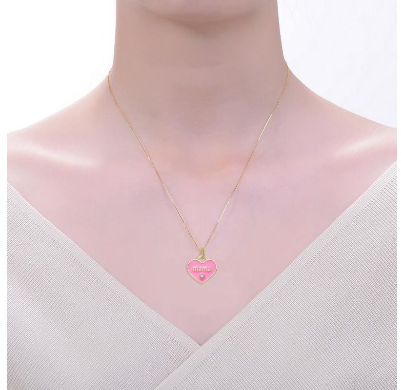 Lab Created 14K Gold Plated with Clear Cubic Zirconia MAMA Pink Enamel Heart Pendant Layering Necklace for Kids