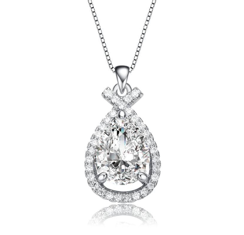 Lab Created White Gold Plated with Clear Cubic Zirconia Peardrop Love Knot Pendant Necklace