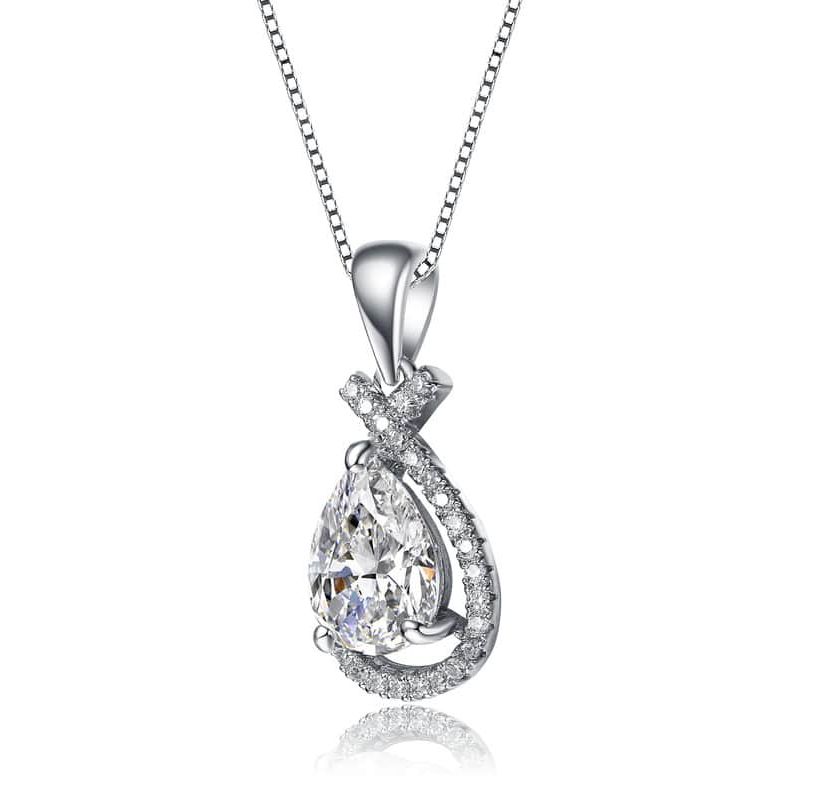 Lab Created White Gold Plated with Clear Cubic Zirconia Peardrop Love Knot Pendant Necklace