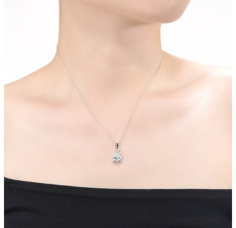 Lab Created White Gold Plated with Clear Cubic Zirconia Peardrop Love Knot Pendant Necklace