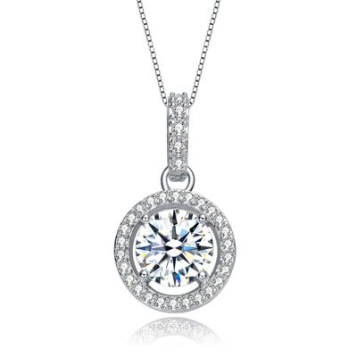 Rozzato Lab Created White Gold Plated with Clear Cubic Zirconia Solitaire Halo Drop Pendant Necklace