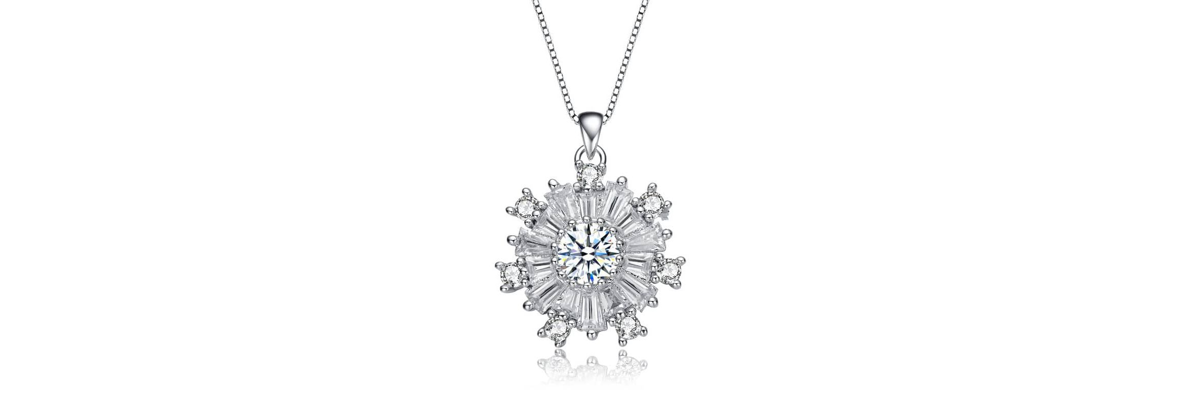 Lab Created White Gold Plated with Clear Cubic Zirconia Flower Snowflake Pendant Necklace