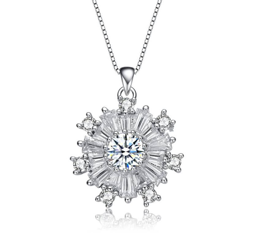 Lab Created White Gold Plated with Clear Cubic Zirconia Flower Snowflake Pendant Necklace