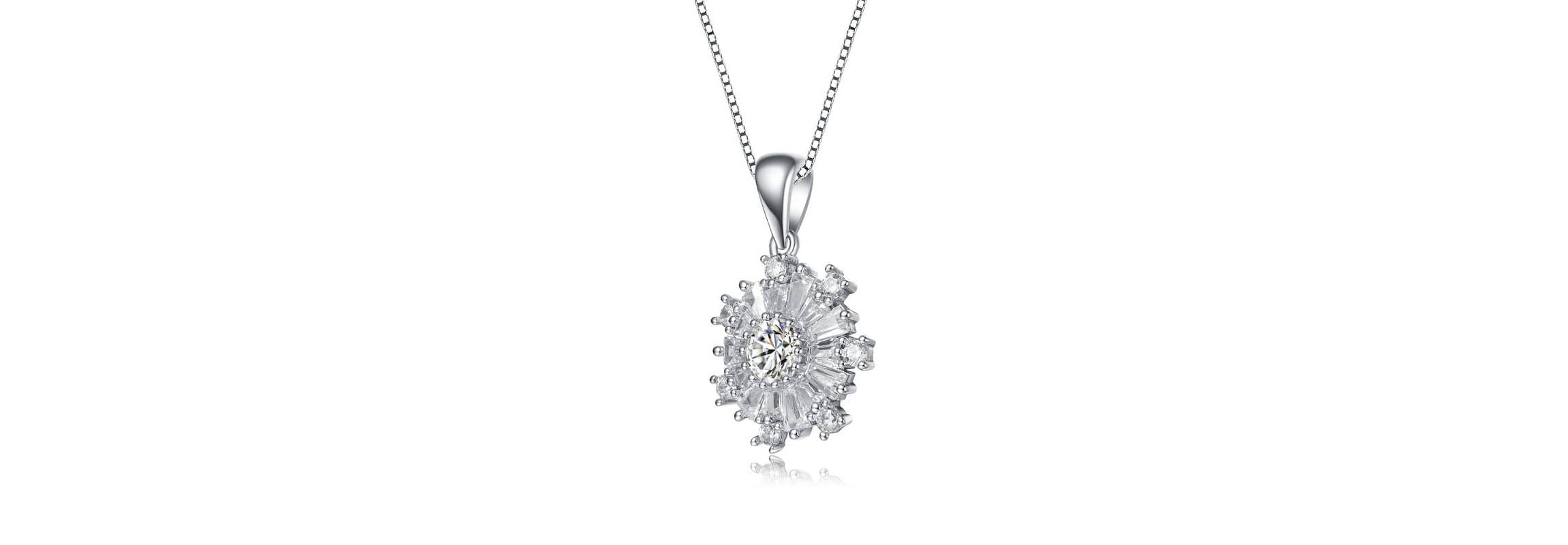 Lab Created White Gold Plated with Clear Cubic Zirconia Flower Snowflake Pendant Necklace