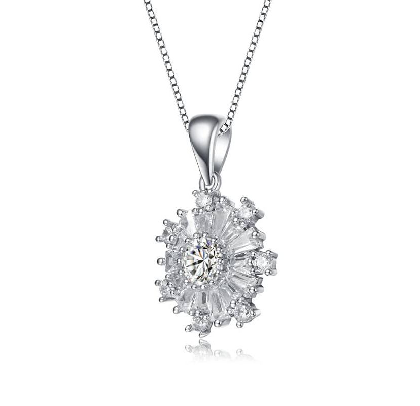 Lab Created White Gold Plated with Clear Cubic Zirconia Flower Snowflake Pendant Necklace