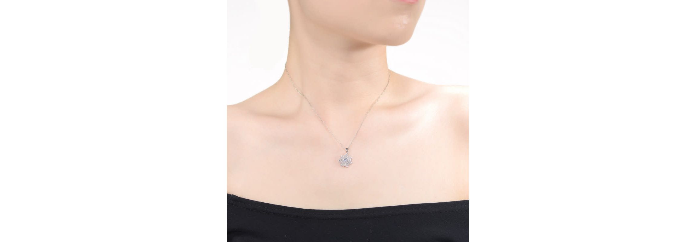 Lab Created White Gold Plated with Clear Cubic Zirconia Flower Snowflake Pendant Necklace