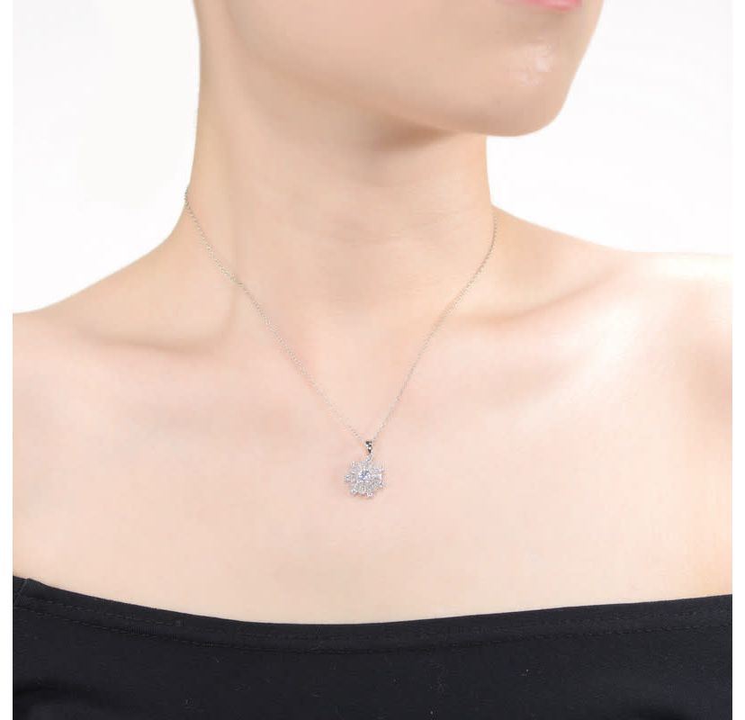 Lab Created White Gold Plated with Clear Cubic Zirconia Flower Snowflake Pendant Necklace