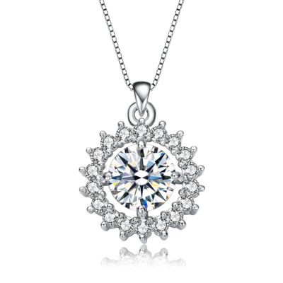 Rozzato Lab Created White Gold Plated with Clear Round Cubic Zirconia Flower Style Pendant Necklace