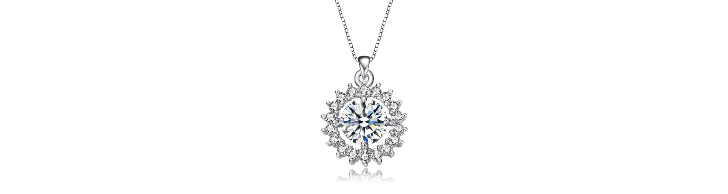 Lab Created White Gold Plated with Clear Round Cubic Zirconia Flower Style Pendant Necklace