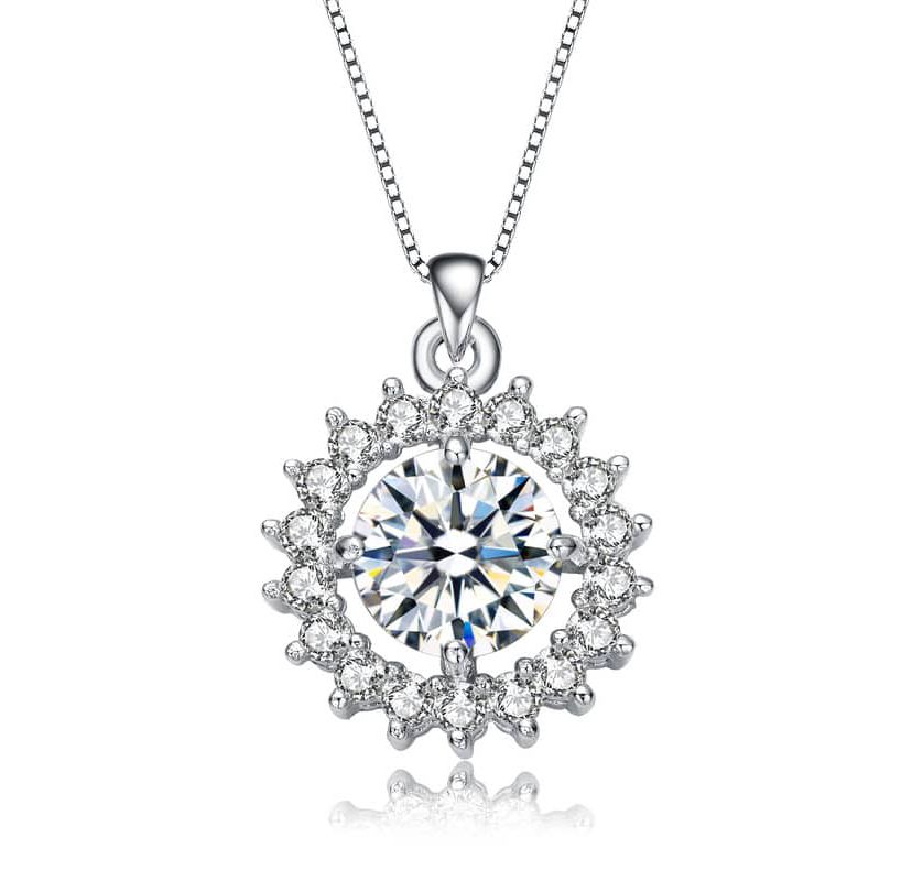 Lab Created White Gold Plated with Clear Round Cubic Zirconia Flower Style Pendant Necklace