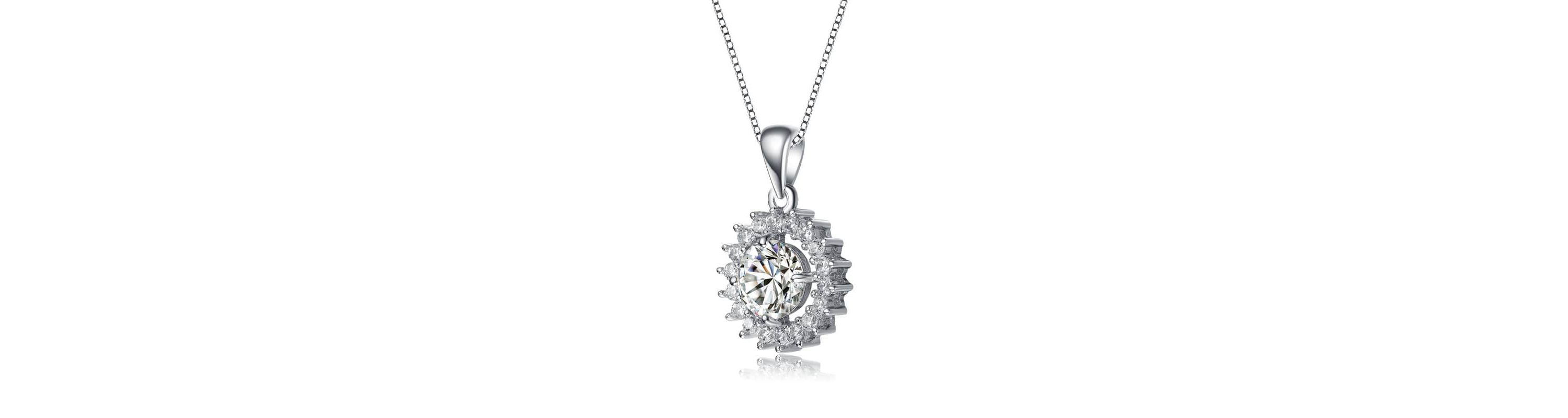Lab Created White Gold Plated with Clear Round Cubic Zirconia Flower Style Pendant Necklace
