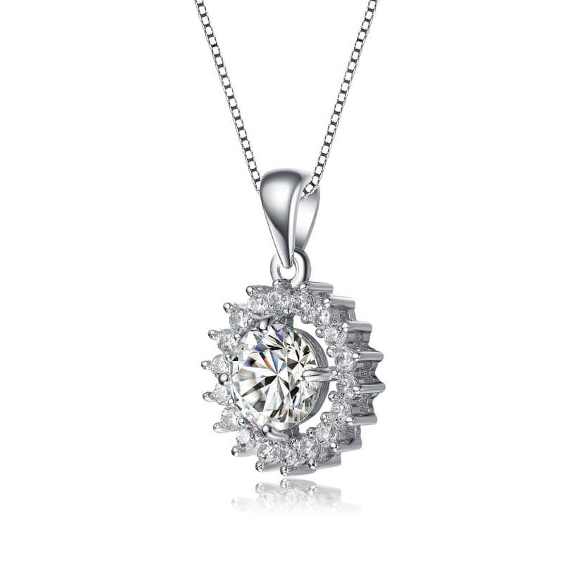 Lab Created White Gold Plated with Clear Round Cubic Zirconia Flower Style Pendant Necklace