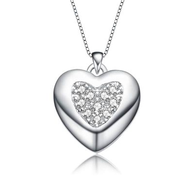 Rozzato Lab Created White Gold Plated with Clear Cubic Zirconia French Pave Heart Pendant Necklace