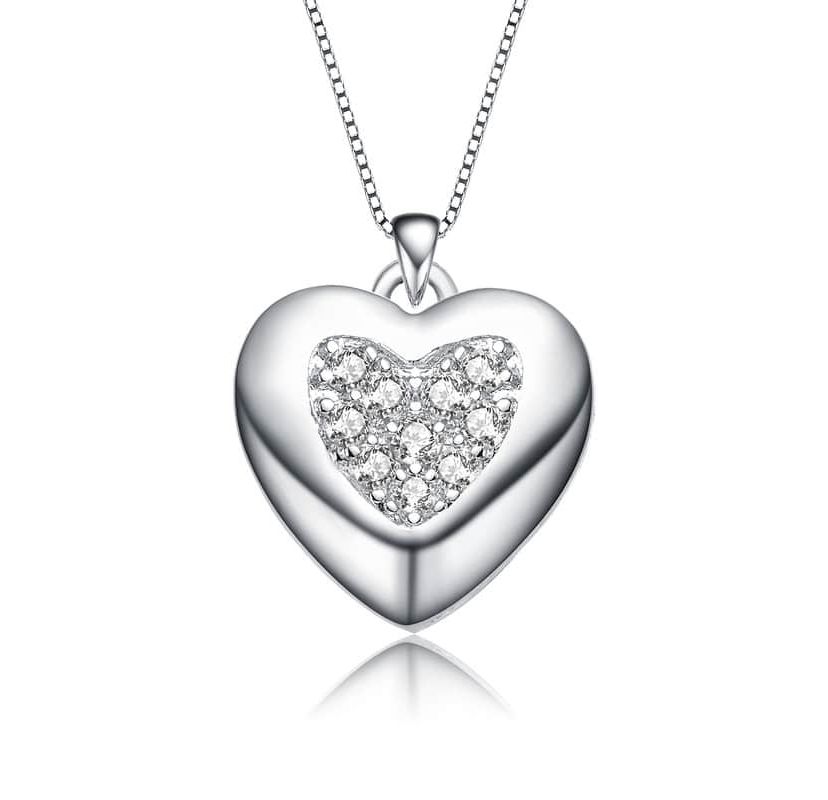 Lab Created White Gold Plated with Clear Cubic Zirconia French Pave Heart Pendant Necklace